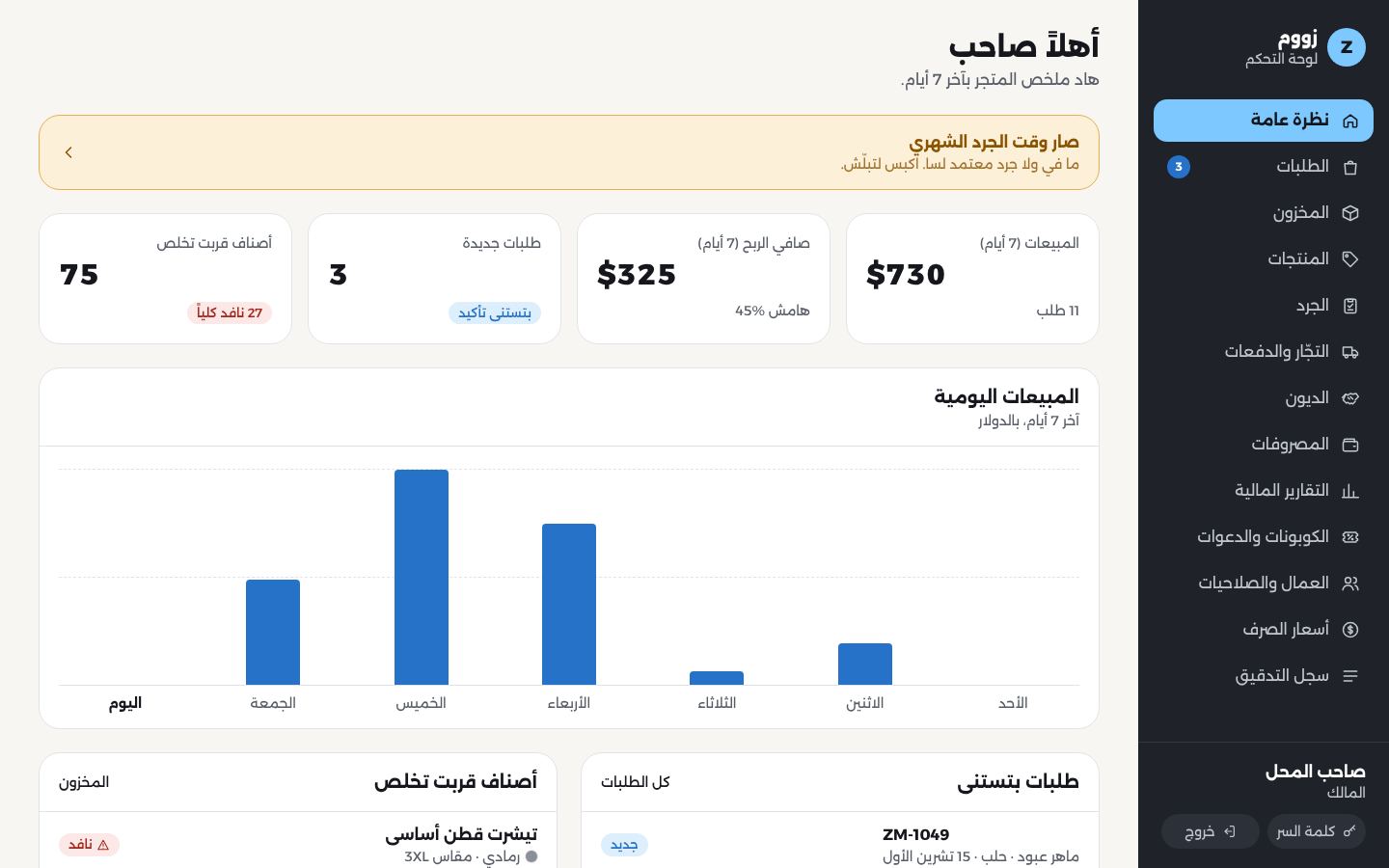 لوحة تحكم نظام متاجر الألبسة